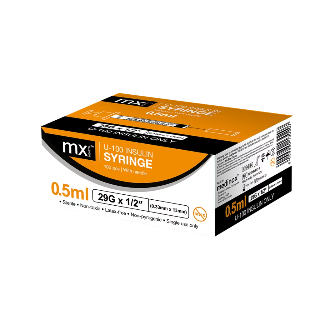 Medinox – mx™ Insulin Syringes with Needle – 0.5 ml (29G x 0.5″)