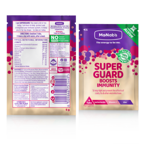 McNab's SuperGuard Immune Tablets with Vit A,B,C,D, E , Zinc, Copper, selenium, Sutherlandia and garlic 5g sachet 36’s