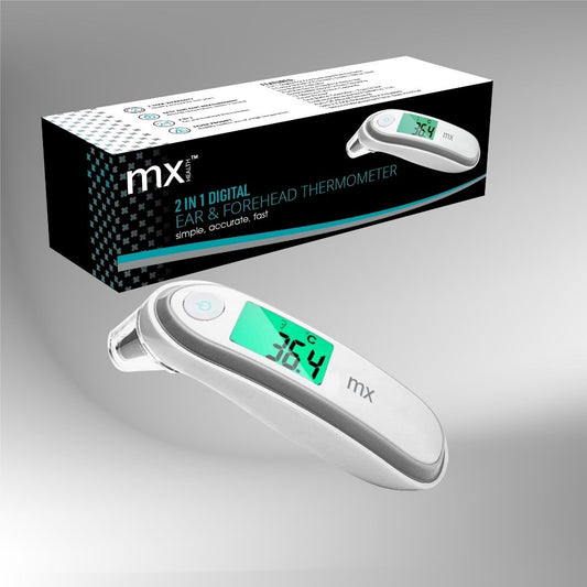 mx Health MX80100GY 2-in-1 ear and forehead thermometer | twelve memories and three-colour display