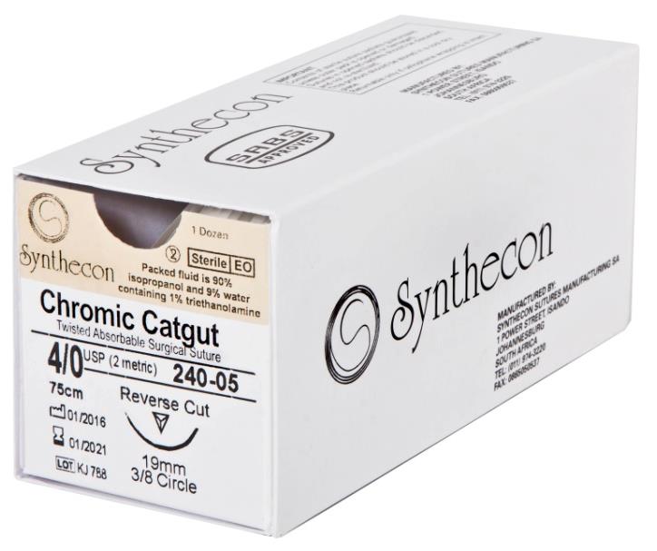 Synthecon Chromic Catgut 240-05 | USP 4/0, 75 cm, 19 mm 3/8-circle reverse-cutting needle | one dozen