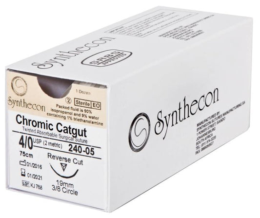 Synthecon Chromic Catgut 240-05 | USP 4/0, 75 cm, 19 mm 3/8-circle reverse-cutting needle | one dozen