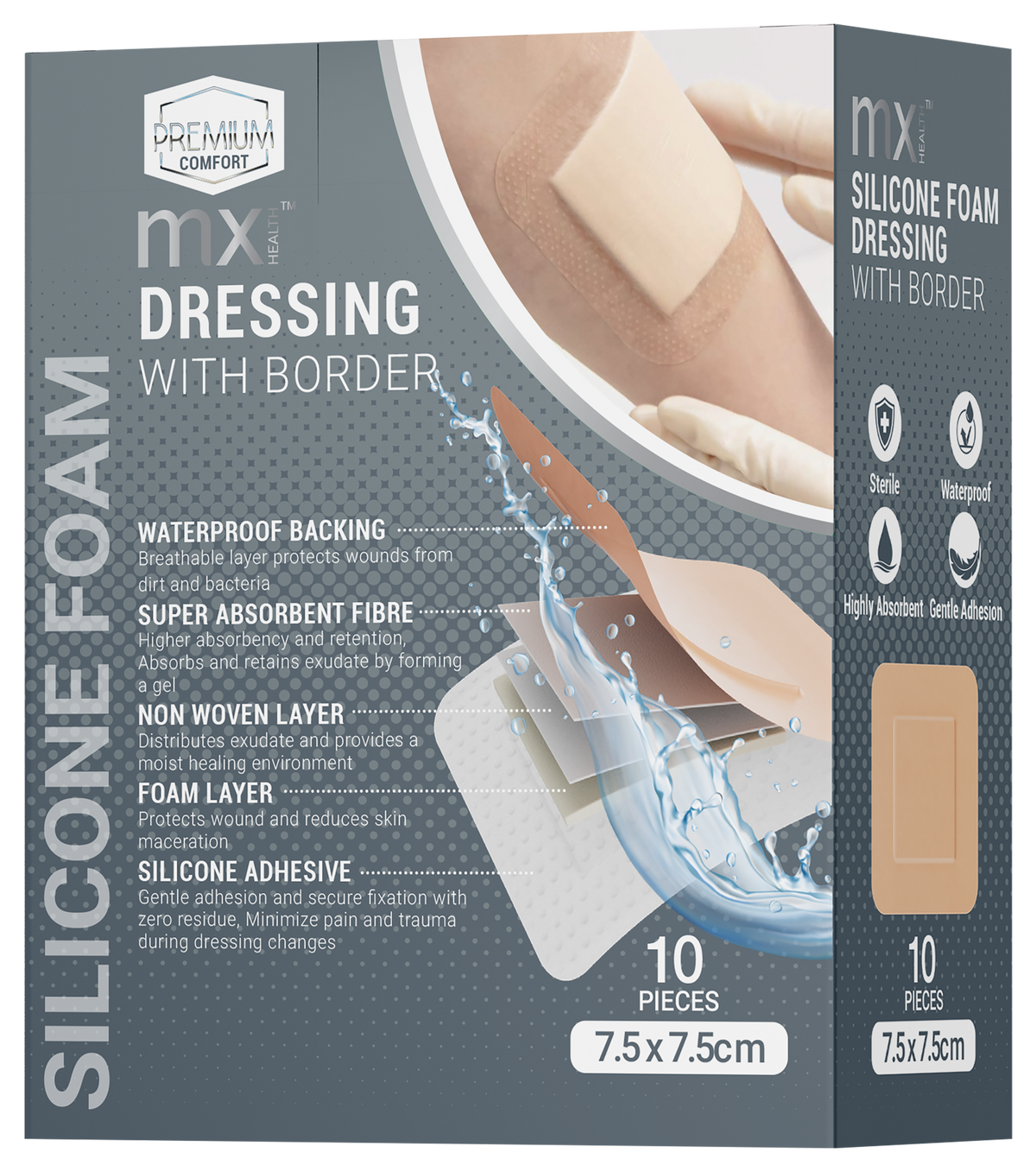 Medinox – mx Health Sterile Silicone Foam Dressings (10 Pack) | 7.5 × 7.5 cm