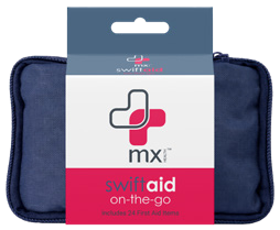 mx Health Swiftaid On-the-go first aid kit in a navy bag